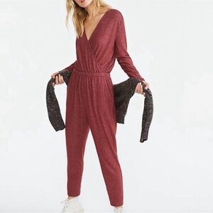 Lou & Grey Red Heathered Crossover Jumpsuit Women Size M Pockets Stretch Lounge